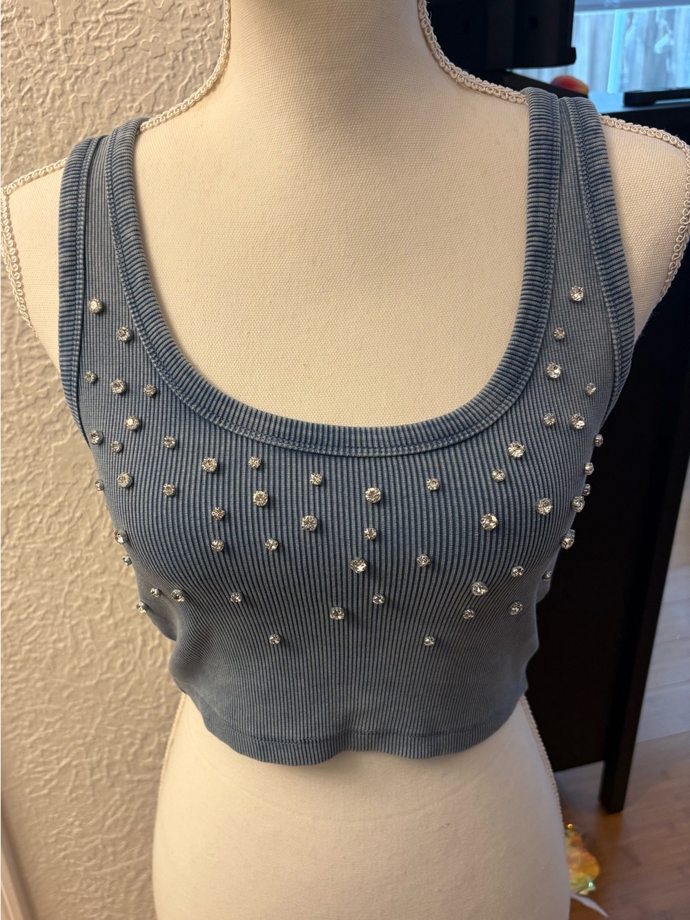 Zara Blue Ribbed Rhinestone Crop Tank